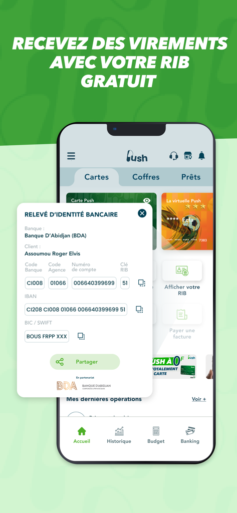 Push CI - Application mobile Push CI affichant les détails du Relevé d'Identité Bancaire gratuit pour les virements internationaux