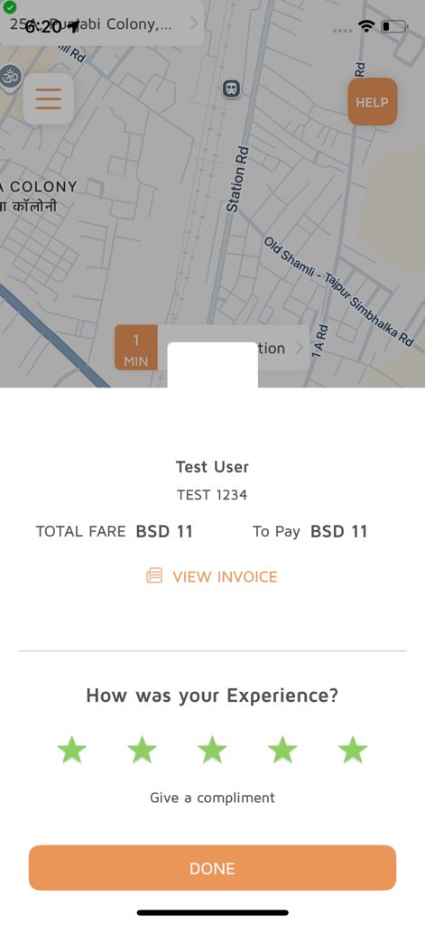 Pick me up 242 ride summary screen showing total fare in BSD and a five star rating section.