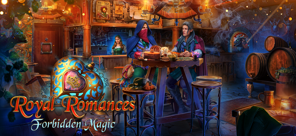 Royal Romances Forbidden Magic - Des personnages assis à une table dans une taverne de fantasy avec le logo Royal Romances Forbidden Magic