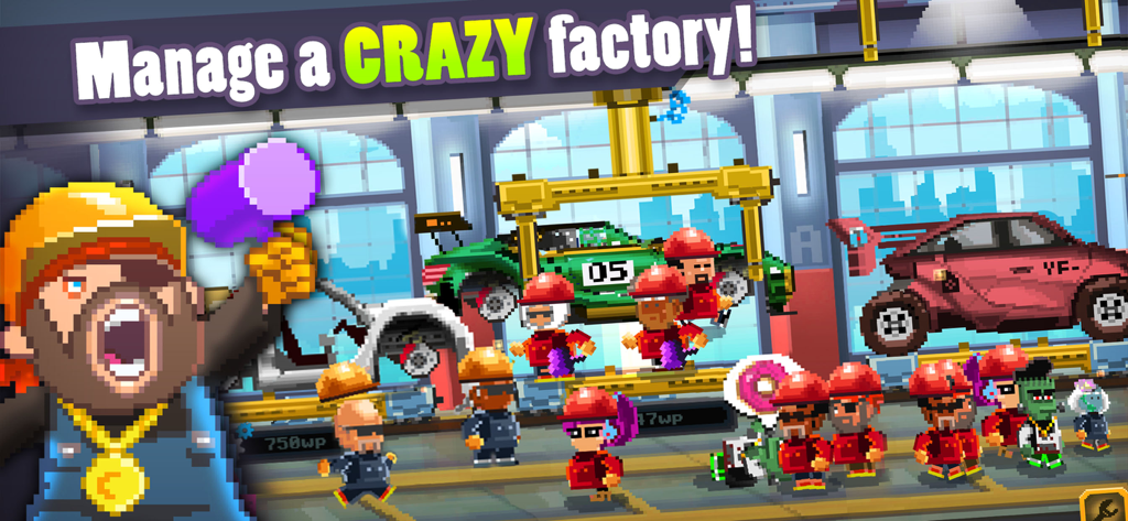 Motor World: Car Factory - Pixel art car factory management screen in Motor World with workers and vehicles