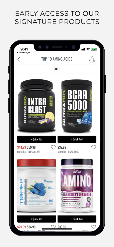 A mobile app interface from Get Yok'd showing a list of top 10 amino acid supplements including NutraBio Intra Blast and BCAA 5000 with prices and quick add options.