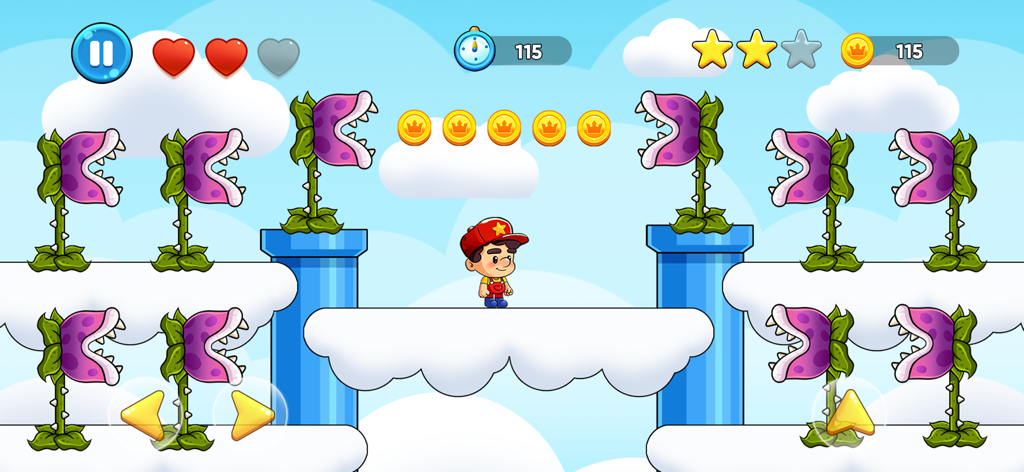 Max's World™ - Fun Adventure - Maxs World Fun Adventure gameplay screenshot showing character navigating a sky level with cloud platforms and enemies
