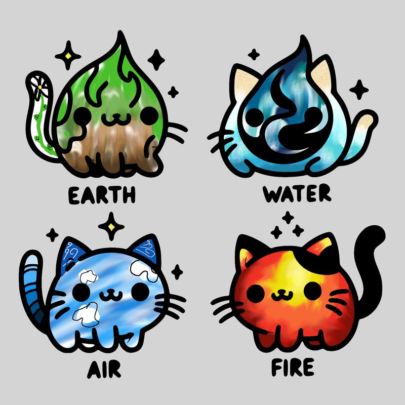 4 cats that represent the different elements, earth, water, air, and fire