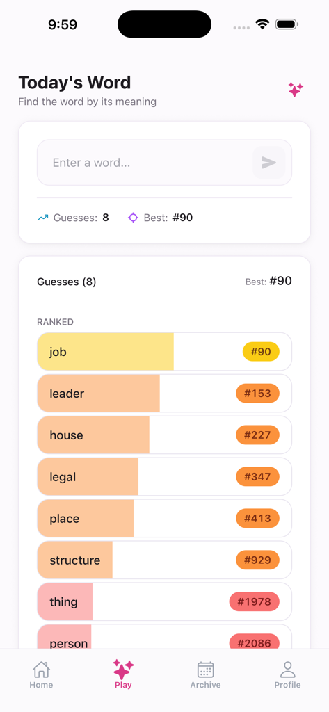 Semantix - Guess the Word - A screenshot of the Semantix app showing a list of word guesses ranked by semantic similarity with color-coded bars and ranking numbers.