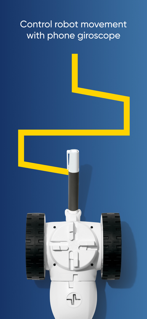 Visão superior de um robô Fable desenhando uma linha amarela em zigue-zague usando o controle do giroscópio do telefone
