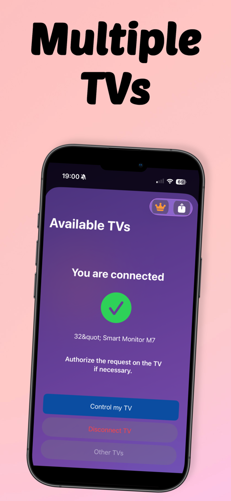 Interface of the Remote Smart TV app showing a successful connection to a smart monitor with options to control or switch TVs.