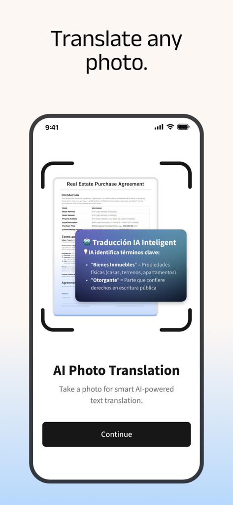 Owll Translator：AI Voice Clone - Fonction de traduction photo IA d'Owll Translator identifiant les termes juridiques dans un accord immobilier