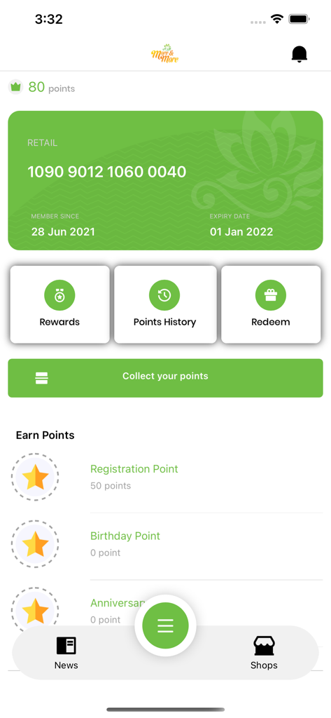 More & More Member app dashboard showing loyalty points and virtual membership card
