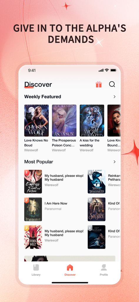 Literie - Literieアプリのインターフェースに、ディスカバータブにトレンドのロマンスと狼男のウェブ小説のリストが表示されている