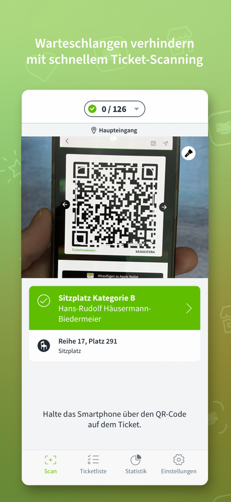 Entry - Ein Smartphone scannt ein QR-Code-Ticket mit der Entry-App zur Verwaltung des Event-Check-ins