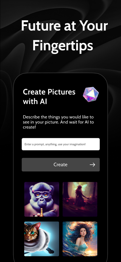 Lyra AI Chat Bot Ask & Assist - Lyra AI app screen showing create pictures with AI feature and generated art examples