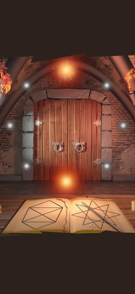 100 Doors Challenge - A wooden door in a medieval stone room with an open puzzle book and glowing orbs