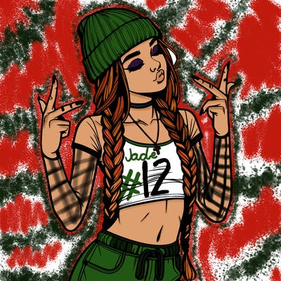 realistic teenage girl with braids and a beanie and crop top doing 🫶🏼