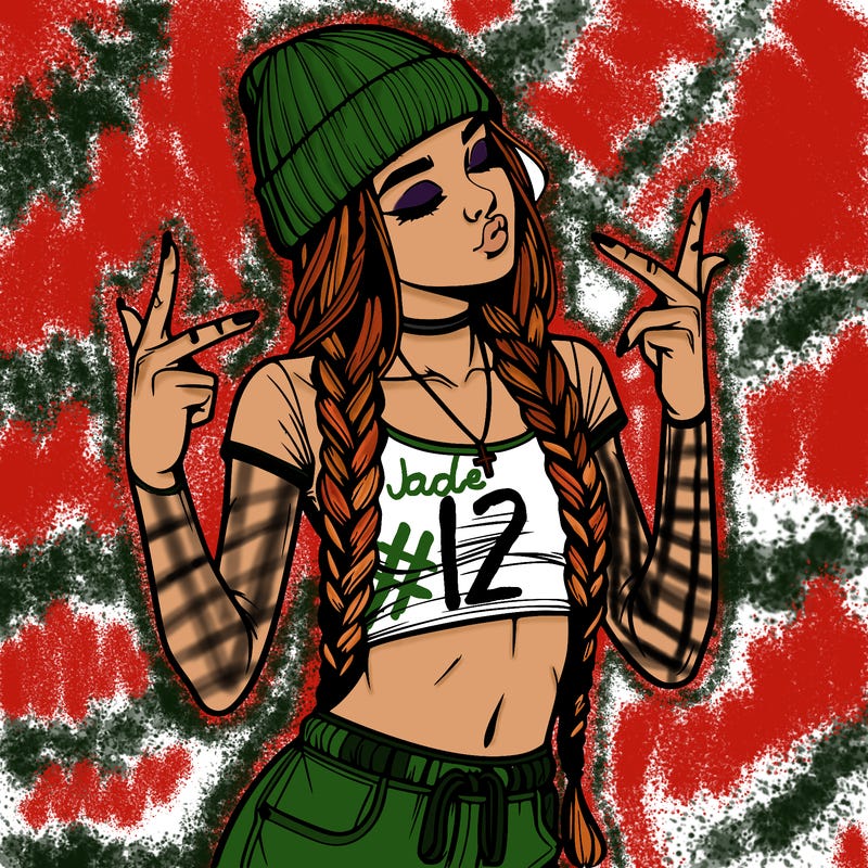realistic teenage girl with braids and a beanie and crop top doing 🫶🏼