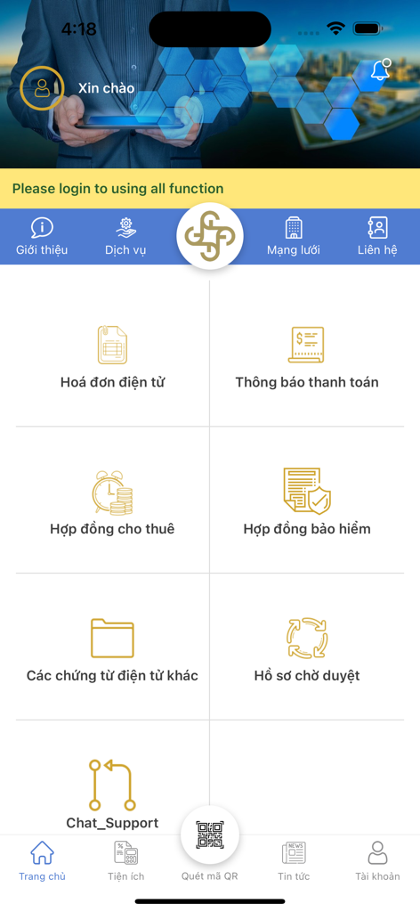 Chailease App - Startbildschirm der Chailease App mit Menüoptionen für E-Rechnungen, Leasingverträge und Zahlungsbenachrichtigungen auf Vietnamesisch