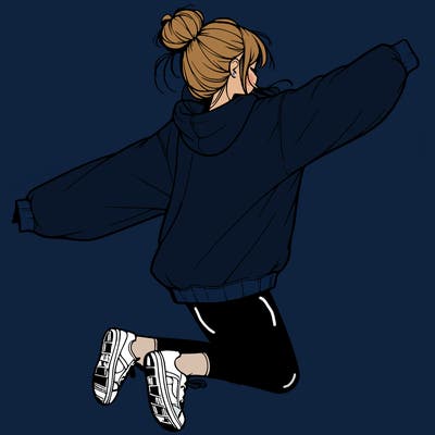realistic girl jumping with a bun and oversized sweatshirt