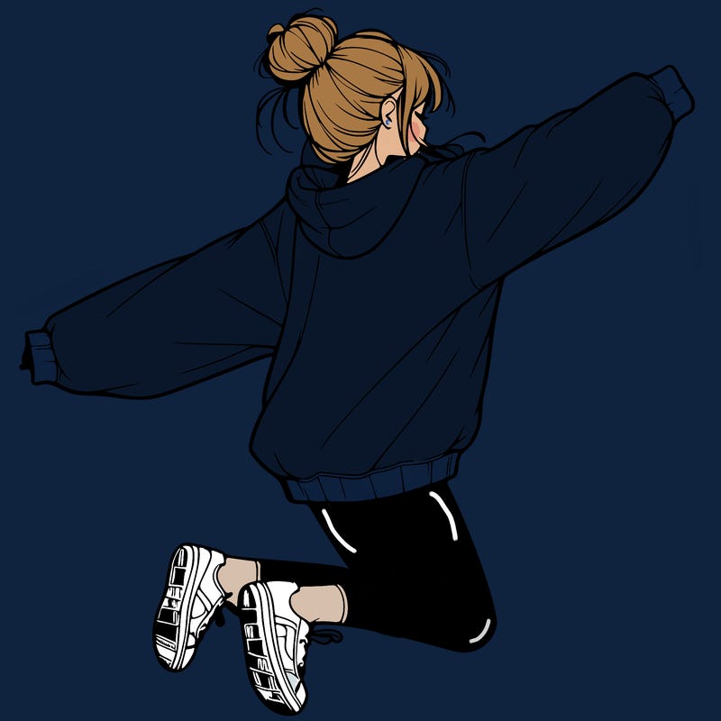 realistic girl jumping with a bun and oversized sweatshirt