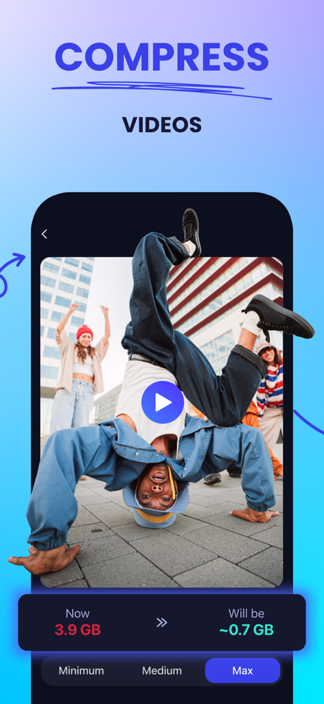 Interfaz de la aplicación Cleaner Guru que muestra la compresión de vídeo de 3.9 GB a 0.7 GB para liberar espacio de almacenamiento en iPhone
