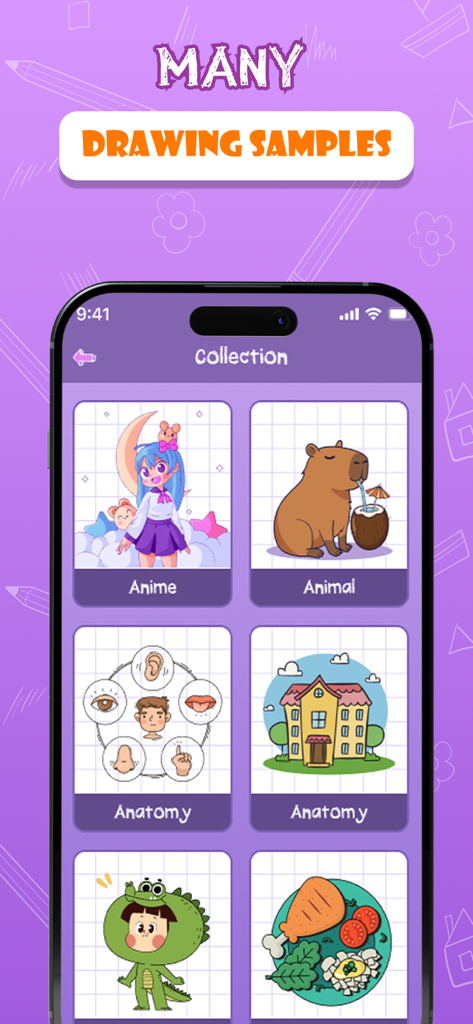 Una pantalla móvil que muestra varias categorías de muestras de dibujo como anime y animales en la app AR Drawing.