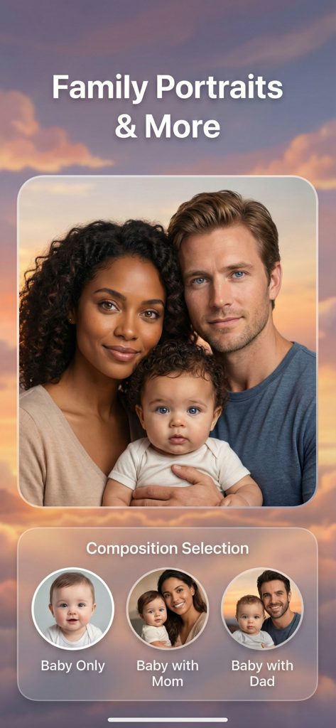 AI-generated family portrait featuring a couple and their baby with composition selection options.