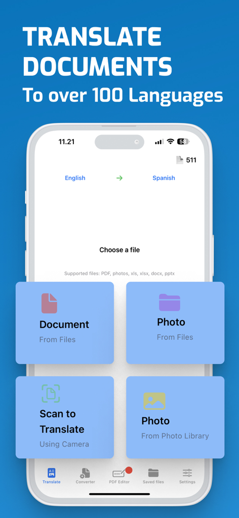 PDF & Word Translator - PDF and Word Translator app interface displaying options to translate documents, photos, and camera scans.