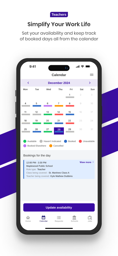 ClassCover - ClassCover mobile App-Oberfläche, die einen Lehrerverfügbarkeitskalender mit farbcodiertem Status und Buchungsdetails anzeigt.