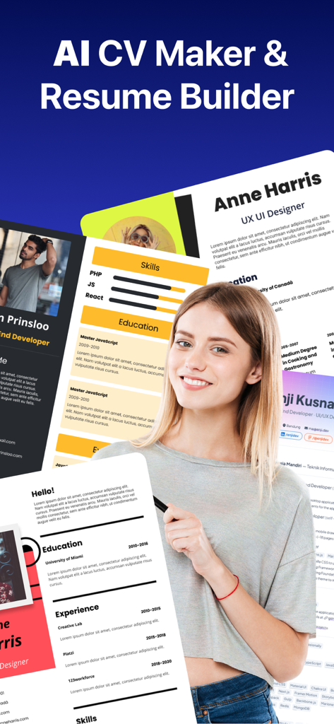 A young woman smiling and holding a smartphone with professional resume templates from the AI Resume Master app
