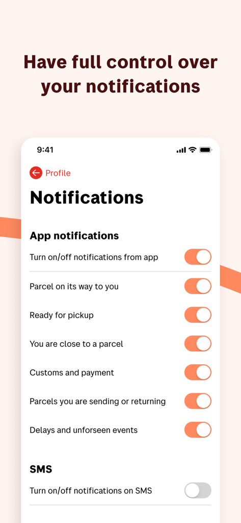 Interface showing the notification management screen for package tracking in the Posten app