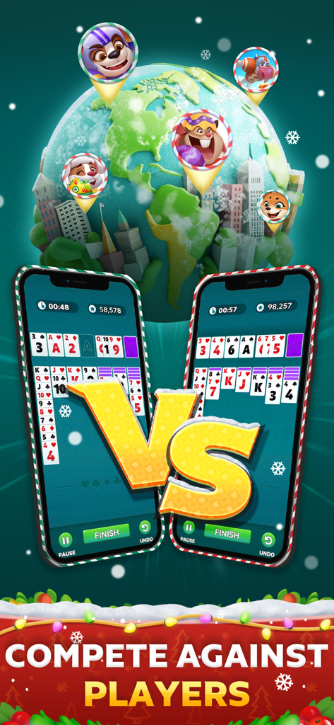 Solitaire Infinite: Win Cash - Zwei Telefone zeigen ein kompetitives Solitaire-Match mit einem VS-Symbol und globalen Spieler-Pins