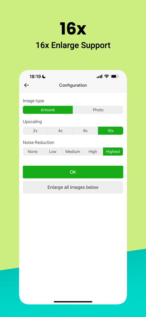 Bigjpg - Bigjpg app configuration screen for 16x image upscaling and noise reduction
