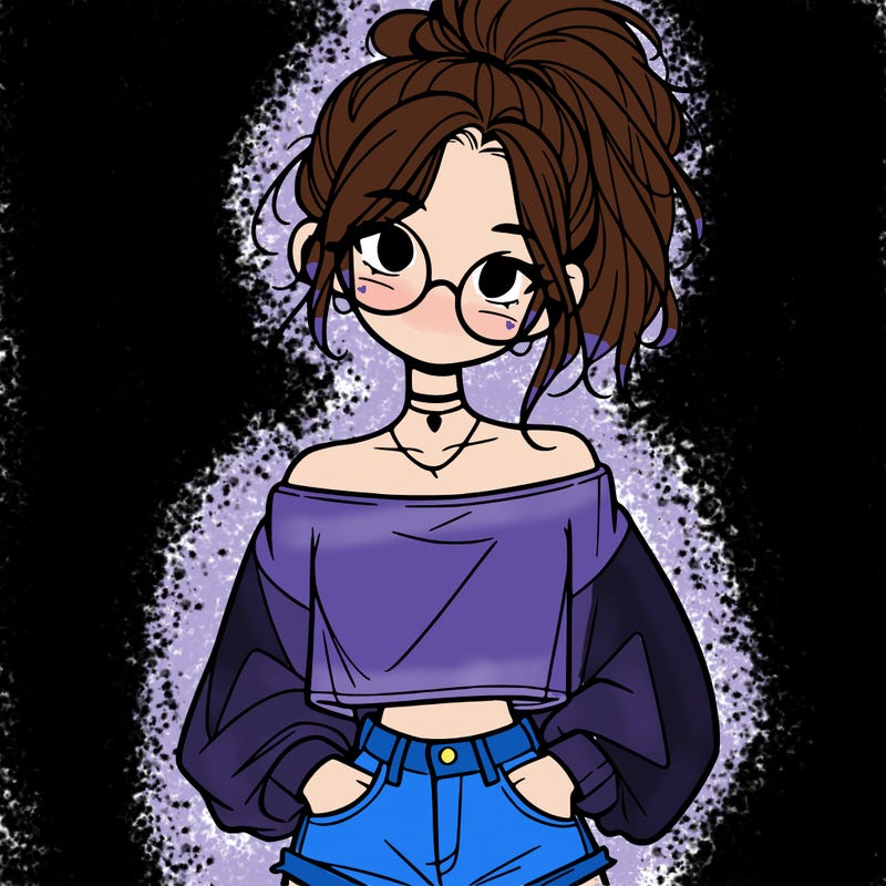 girl with a messy ponytail glasses a baggy crop top and jean shorts