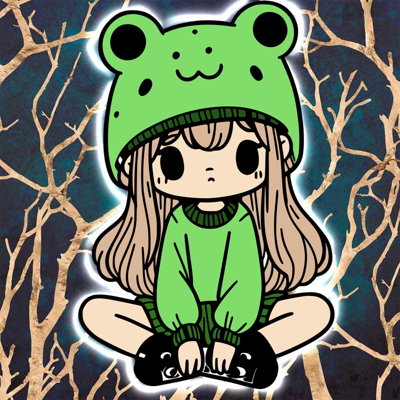 a girl wearing a frog hat and some frog socks