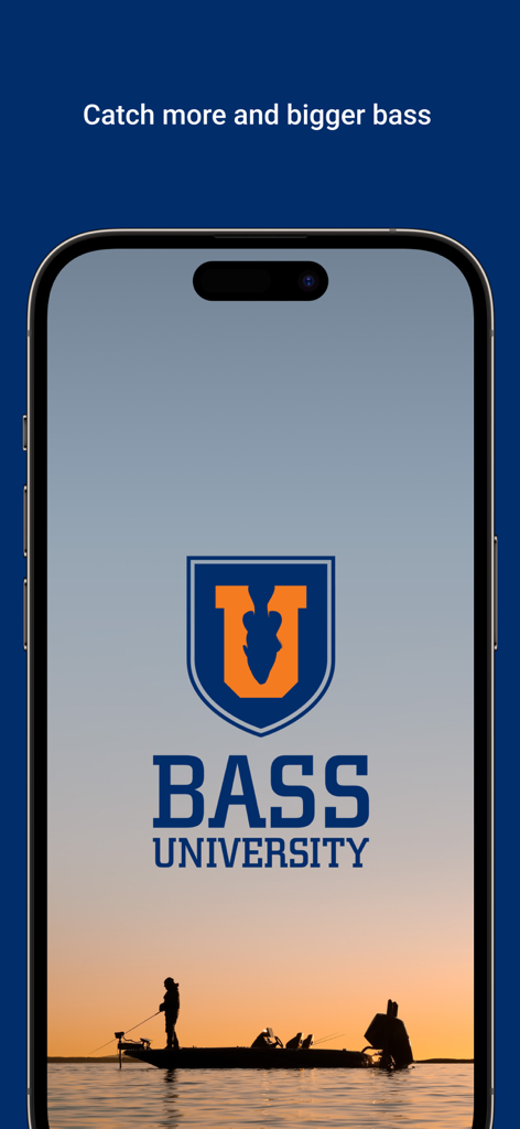 Bass University app splash screen featuring the logo and a silhouette of a fisherman on a boat at sunset