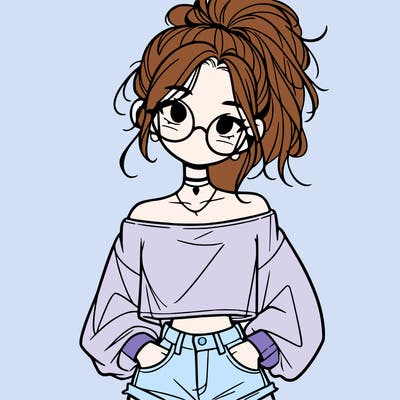 girl with a messy ponytail glasses a baggy crop top and jean shorts