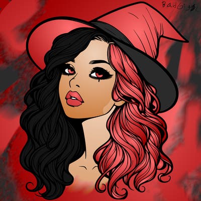 realistic witch girl with wavy hair and lips