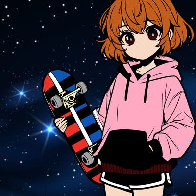 anime girl with a boy hair cut in sweatsuit holding skateboard