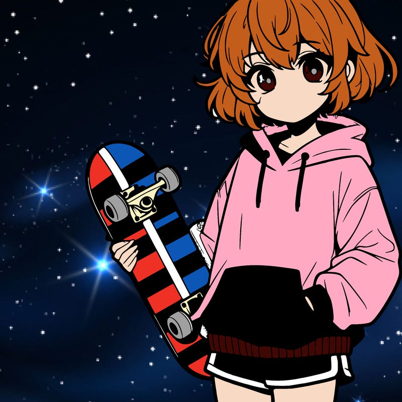anime girl with a boy hair cut in sweatsuit holding skateboard