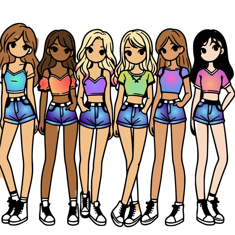 a group of girls wearing crop tops and shorts