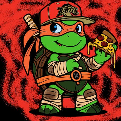 teenage mutant ninja turtles mikey wearing a chicago bulls hat eating pizza