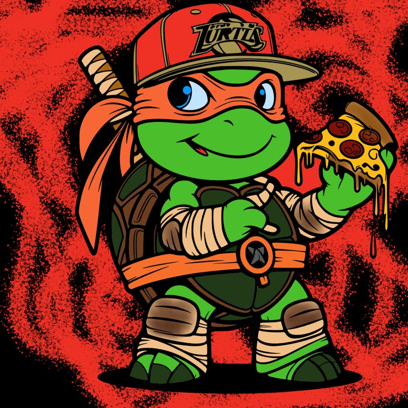 teenage mutant ninja turtles mikey wearing a chicago bulls hat eating pizza