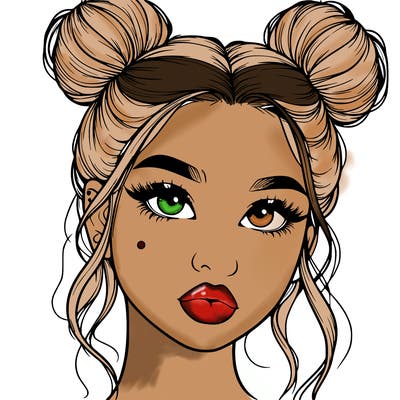 realistic girl with two buns on her hair and lips