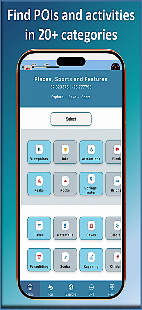 Trail Explorer - Trail Explorer mobile app interface displaying more than 20 outdoor activity and point of interest categories including hiking, climbing, and kayaking.