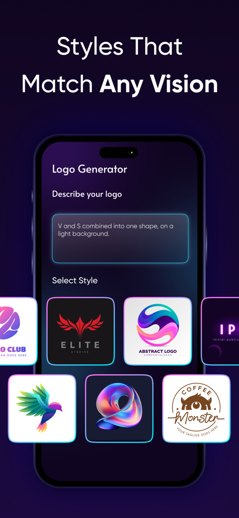 AI logo-generator - Interface do gerador de logo com IA mostrando diferentes estilos de logo e um campo de texto para descrições de design.