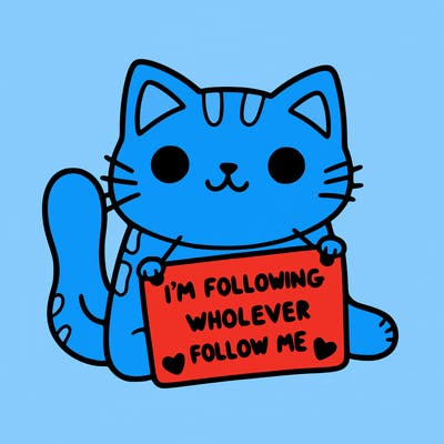 cat with a sign that says i’m following whoever follows me