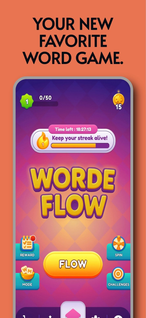 Pantalla de inicio de la aplicación móvil Worde Flow que muestra el menú principal y el rastreador de rachas diarias