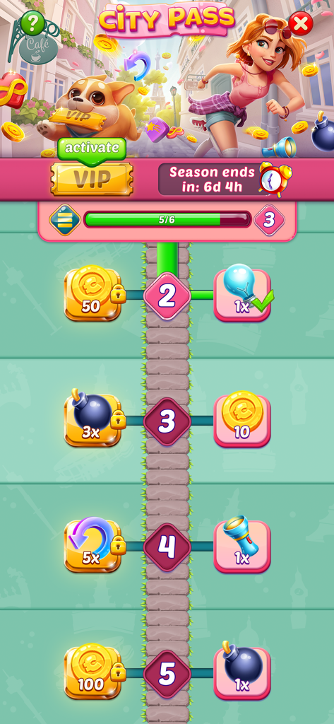 Una pantalla de City Pass en Mahjong City Tours que muestra una pista de progresión con recompensas como monedas y potenciadores