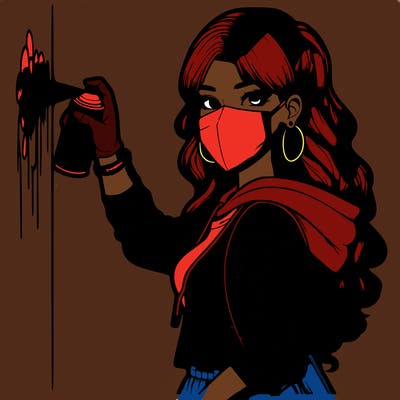 realistic girl with mask spray painting a wall