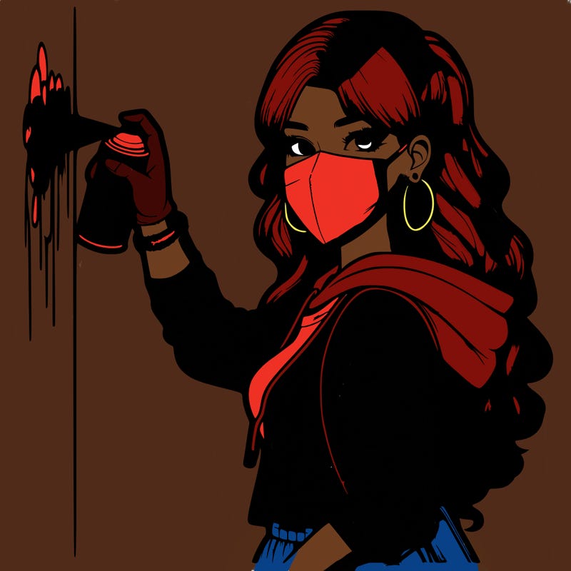 realistic girl with mask spray painting a wall