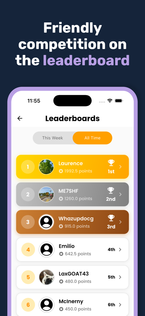 Cloud Point: Cloud Identifier - A leaderboard screen in the Cloud Point app showing a ranked list of users and their points