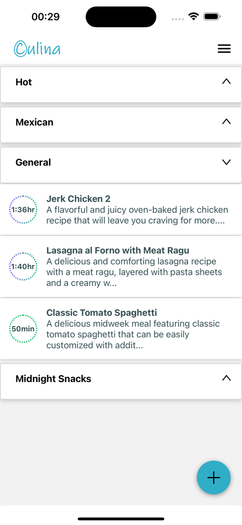 Culina: Ultimate Recipe Book - Interfaccia dell'app Culina che mostra categorie di ricette organizzate e tempi di cottura per vari piatti